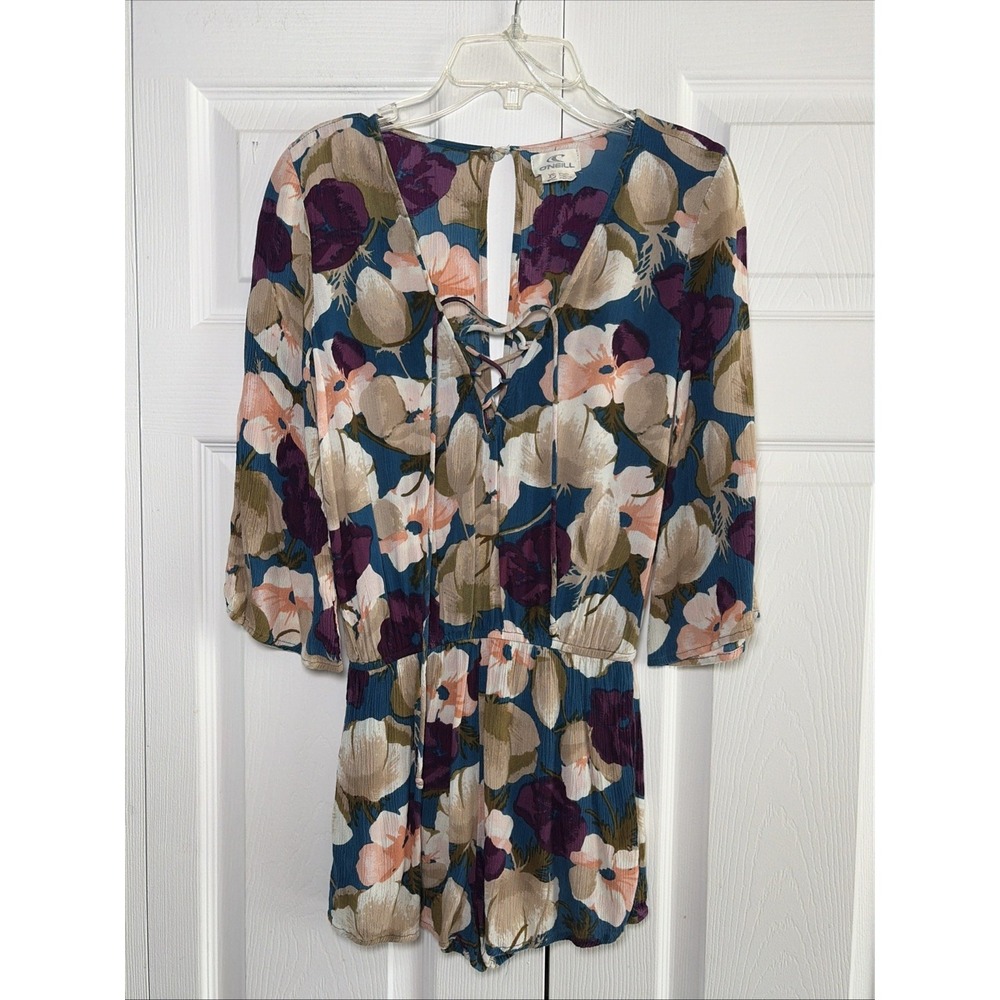 O'Neill Floral Lace Up Romper Womens XS Blue Purple Boho Bell Sleeve Size XS
